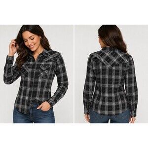 Cumberland Outfitters Black Plaid Western Snap Button Shirt Silver Thread sz M